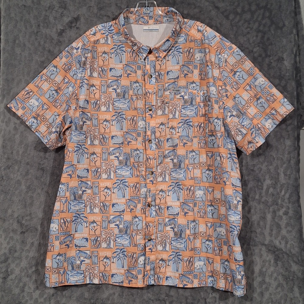 Columbia PFG Mens 2XL Short Sleeve Fishing Shirt Orange Blue Tropical Fish Print